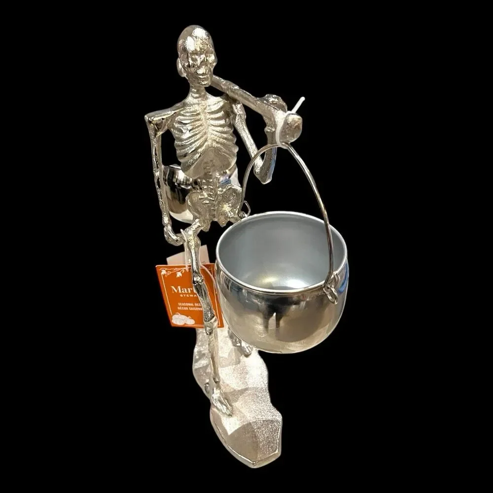 Martha Stewart Halloween Skeleton With Hanging Cauldron Bowls Silvertone